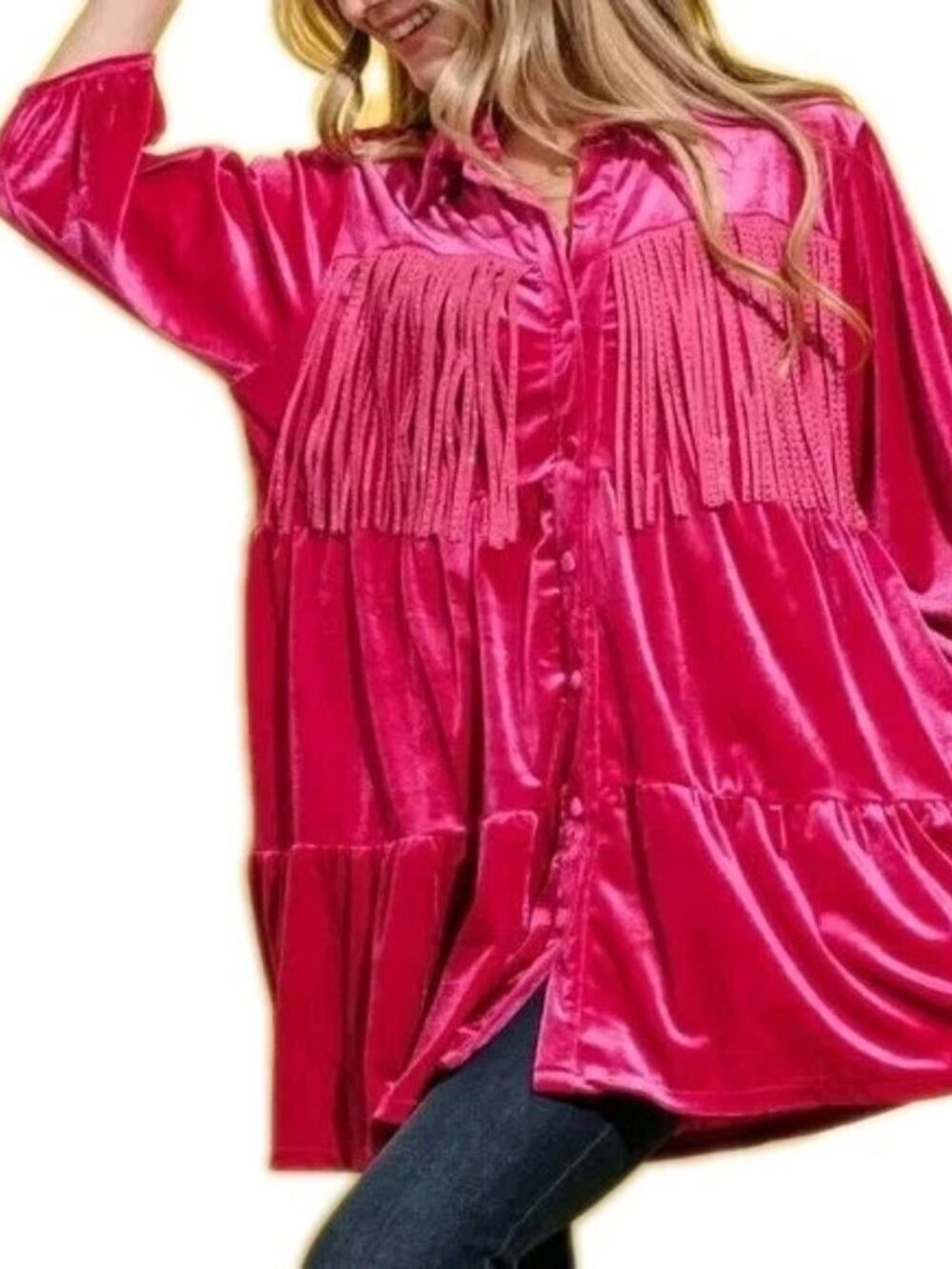And The Why Pink Tunic Top Mini Dress Velvet Fringe Detailed New
